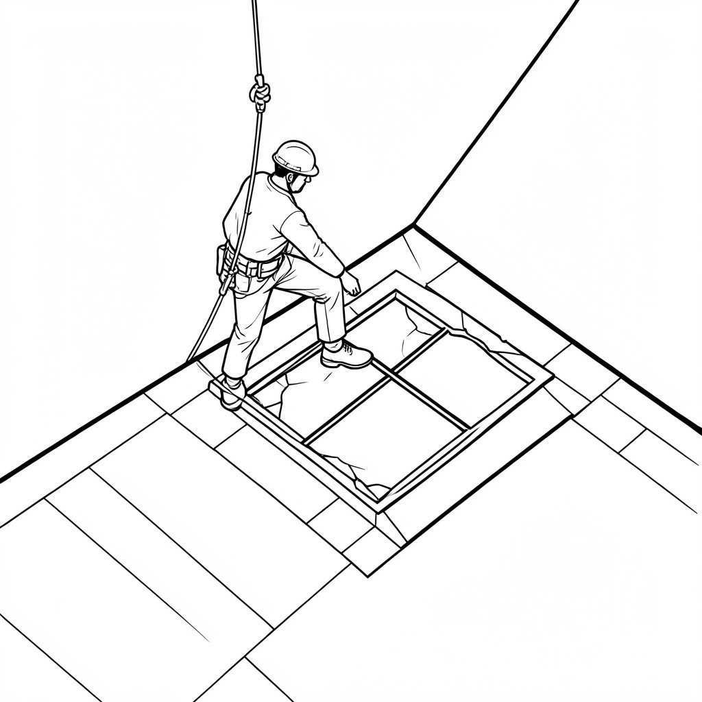 Fall through a fragile roof light, arrested by a harness line