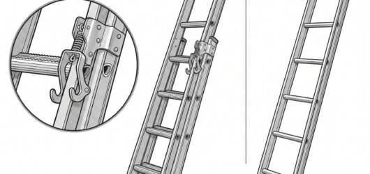 Diagram comparing a professional-rated extension ladder with reinforced stiles and rung locks against a lighter domestic stepladder, with the EN 131 m