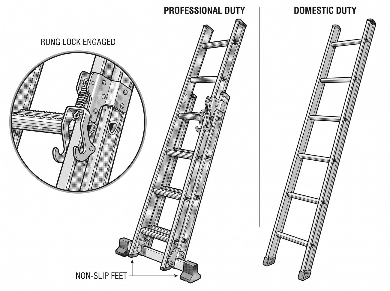 Diagram comparing a professional-rated extension ladder with reinforced stiles and rung locks against a lighter domestic stepladder, with the EN 131 marking and duty classification highlighted on each.