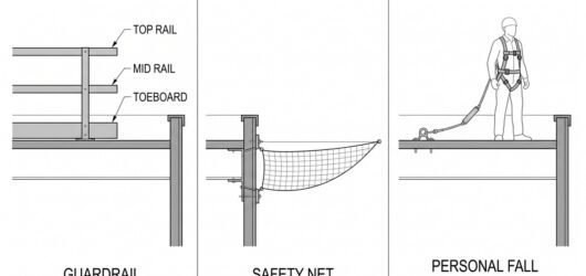 Diagram comparing three roof edge protection methods side by side: a guardrail system with top rail, mid rail and toe board along the edge; safety net