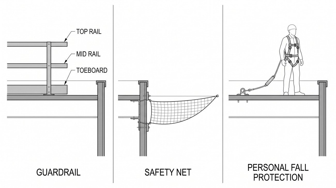 Diagram comparing three roof edge protection methods side by side: a guardrail system with top rail, mid rail and toe board along the edge; safety netting rigged below an open roof structure; and a worker using personal fall-arrest equipment clipped to an anchor.