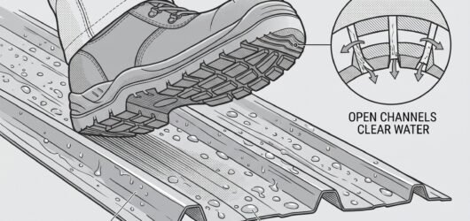 Diagram of a safety boot sole showing a slip-resistant tread pattern in contact with a wet metal roof surface, with a callout comparing tread wear bet