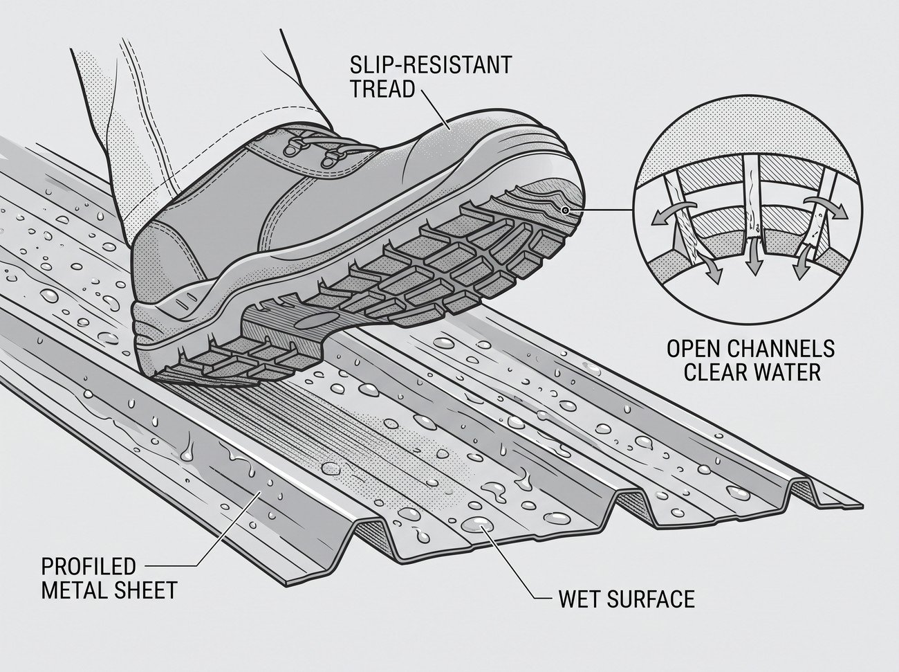 Diagram of a safety boot sole showing a slip-resistant tread pattern in contact with a wet metal roof surface, with a callout comparing tread wear between a new sole and a worn sole with reduced grip.