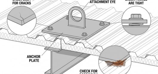Diagram of a roof anchor pre-use inspection showing checks at three points: the anchor body for cracks or corrosion, the fixing bolts for tightness an