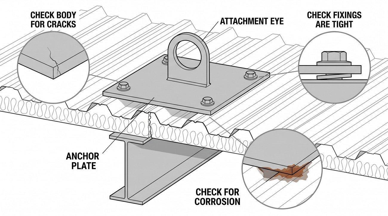 Diagram of a roof anchor pre-use inspection showing checks at three points: the anchor body for cracks or corrosion, the fixing bolts for tightness and play, and the surrounding roof seal for signs of water ingress.