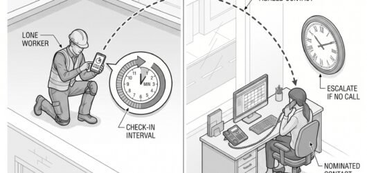 Diagram of a lone worker on a roof with a mobile device showing a check-in timer, connected to a ground-based contact who is monitoring for a missed c