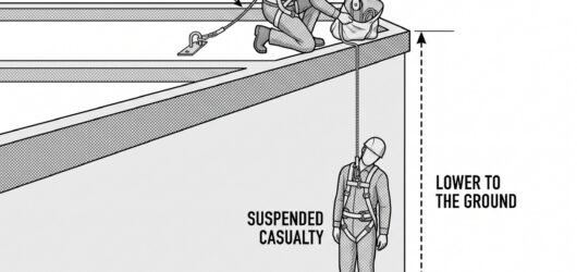 Diagram of a rescue scenario at a roof edge: a suspended worker connected to fall-arrest equipment, a rescuer approaching along a pre-planned route wi