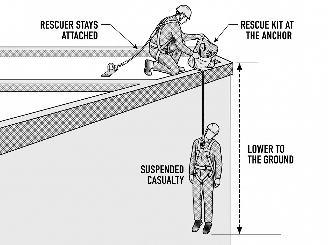 Diagram of a rescue scenario at a roof edge: a suspended worker connected to fall-arrest equipment, a rescuer approaching along a pre-planned route with a lowering device, and a ground-based contact coordinating with emergency services.
