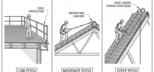 Diagram showing three roof pitch categories side by side: a flat roof with perimeter guardrails only, a moderate-pitch roof with a roof ladder distrib
