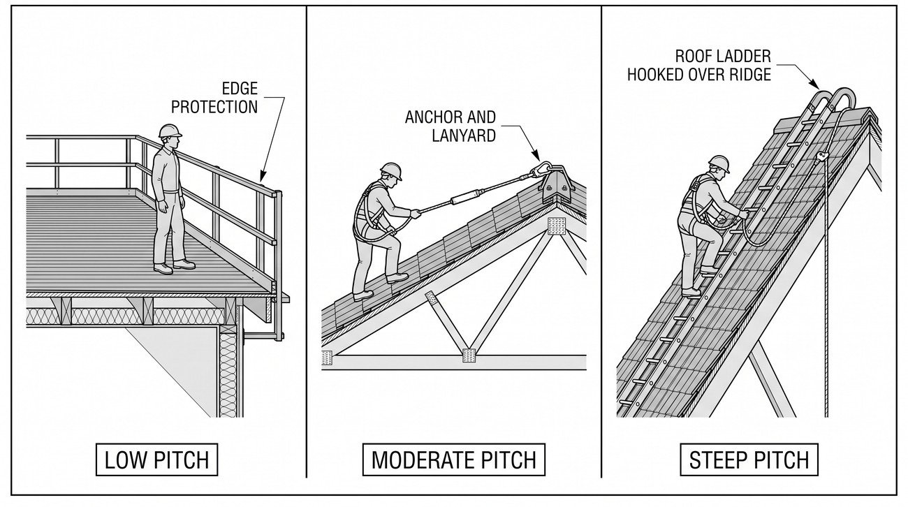 Diagram showing three roof pitch categories side by side: a flat roof with perimeter guardrails only, a moderate-pitch roof with a roof ladder distributing weight across the surface, and a steep-pitch roof where a worker uses full personal fall-arrest equipment throughout.