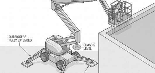 Diagram of a mobile elevated work platform set up on level ground with outriggers deployed on load-spreading pads, a worker wearing a harness clipped 