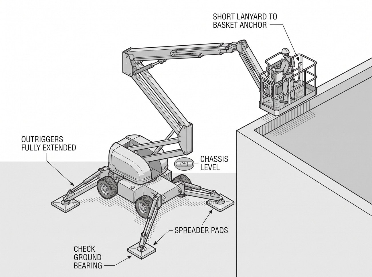 Diagram of a mobile elevated work platform set up on level ground with outriggers deployed on load-spreading pads, a worker wearing a harness clipped to an anchor point inside the guarded basket, and a marked exclusion zone around the base.