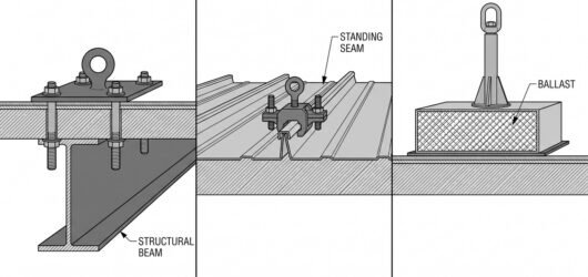 Diagram comparing three roof anchor types: a fixed anchor plate bolted into a structural beam, a temporary strop wrapped around a roof structural memb