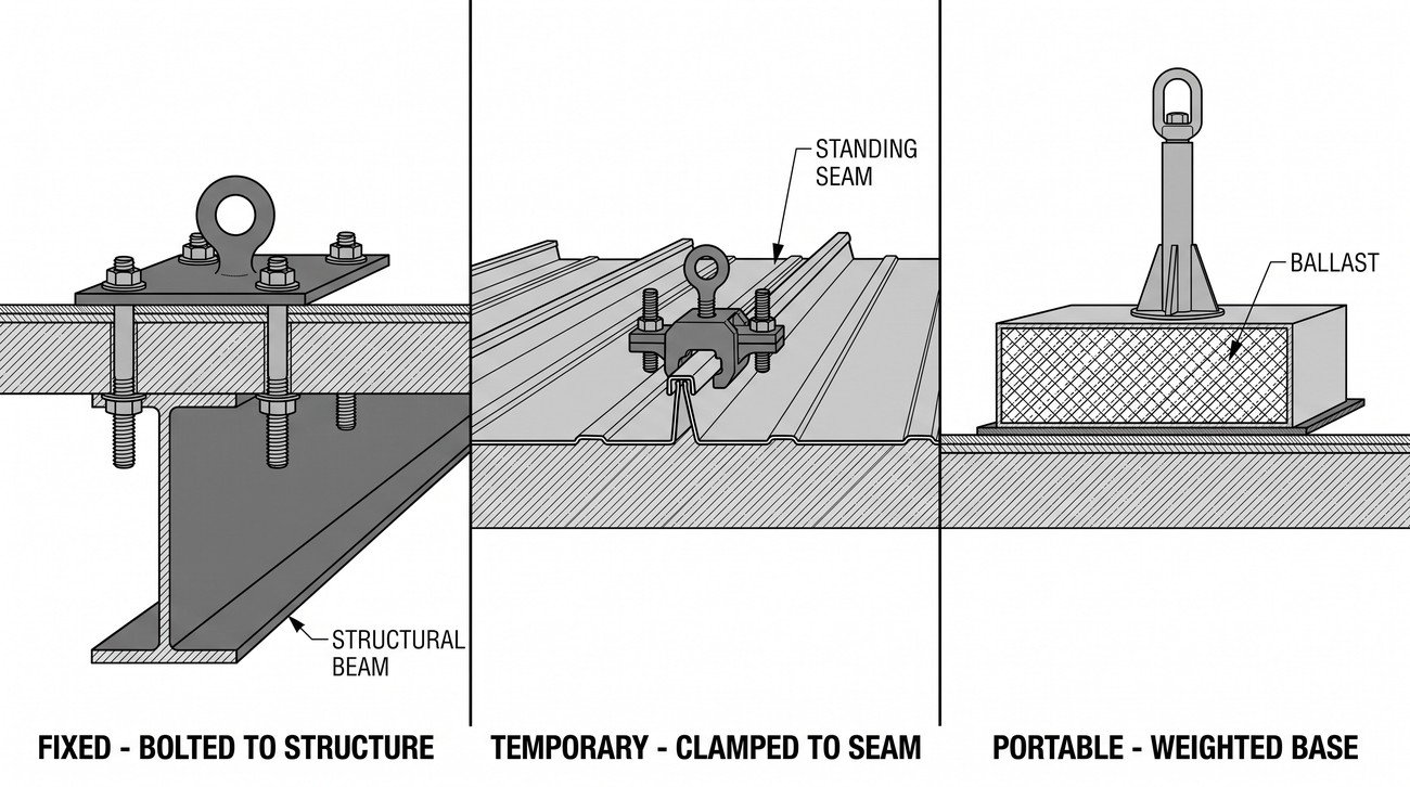 Diagram comparing three roof anchor types: a fixed anchor plate bolted into a structural beam, a temporary strop wrapped around a roof structural member, and a portable weighted or counterbalanced anchor device sitting on the roof surface.