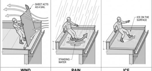 Diagram showing three weather hazard scenarios on a roof: gusting wind catching a large sheet material, rain creating standing water and reduced frict