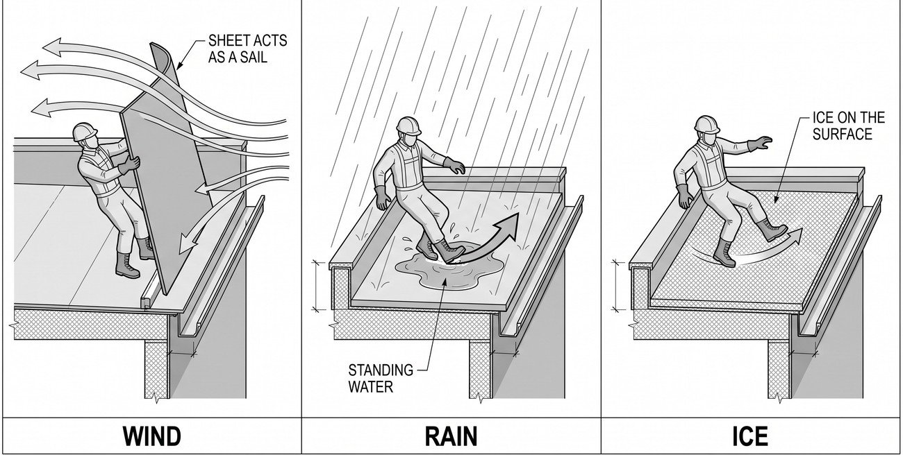 Diagram showing three weather hazard scenarios on a roof: gusting wind catching a large sheet material, rain creating standing water and reduced friction on a low-pitch surface, and ice forming on a roof edge and gutter area.