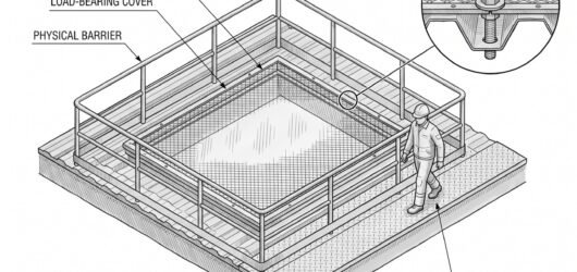 Diagram of a roof surface showing a fragile roof light panel with a warning border and physical barrier around it, contrasted against the solid roof s