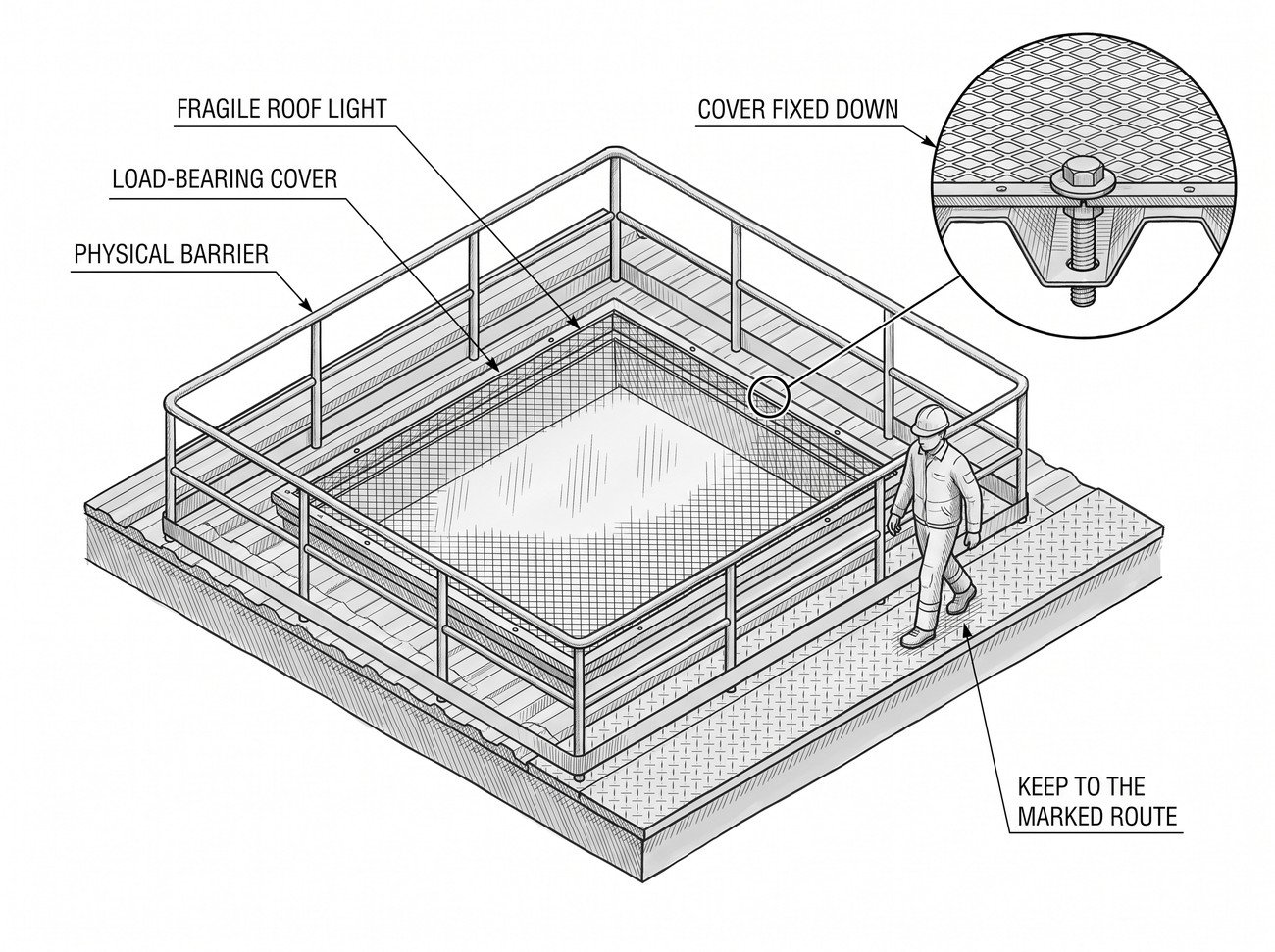 Diagram of a roof surface showing a fragile roof light panel with a warning border and physical barrier around it, contrasted against the solid roof surface elsewhere, with a worker on a walkway route that avoids the marked area.