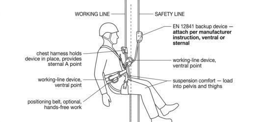 Side view of a rope access technician on working and safety lines, showing the ventral attachment for the descender, the chest harness holding the asc