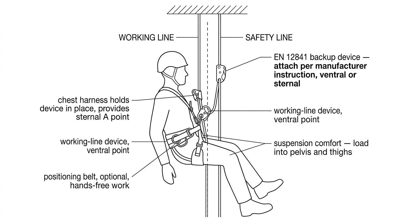 Side view of a rope access technician on working and safety lines, showing the ventral attachment for the descender, the chest harness holding the ascender, and the backup device on the safety line.