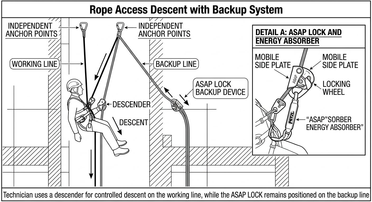 Rope access technician suspended on a twin-rope system against a concrete facade, with the loaded working line and the independent backup line clearly separated.