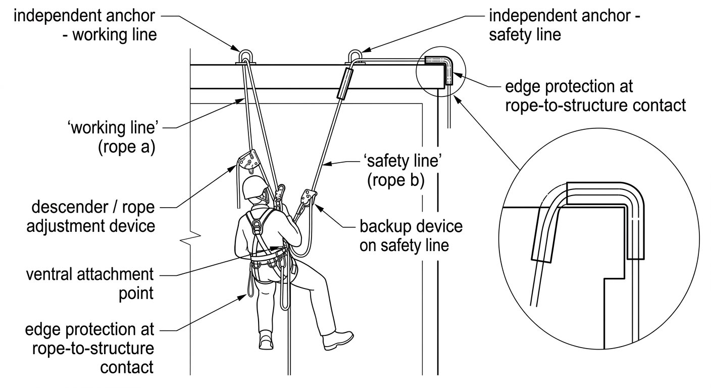 Diagram of a two-rope rope access system showing independent anchors, a descender on the working line, a backup device on the tended safety line and edge protection at the parapet.