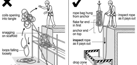 Comparison diagram showing an uncontrolled thrown coil versus controlled rope deployment from a rope bag with a controlled drop zone