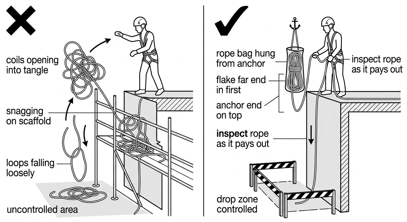 Comparison diagram showing an uncontrolled thrown coil versus controlled rope deployment from a rope bag with a controlled drop zone
