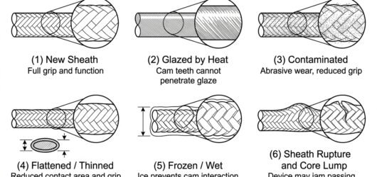Six close-up diagrams of rope sheath conditions - new, glazed, contaminated, flattened, iced and ruptured - with their effect on rope grab performance