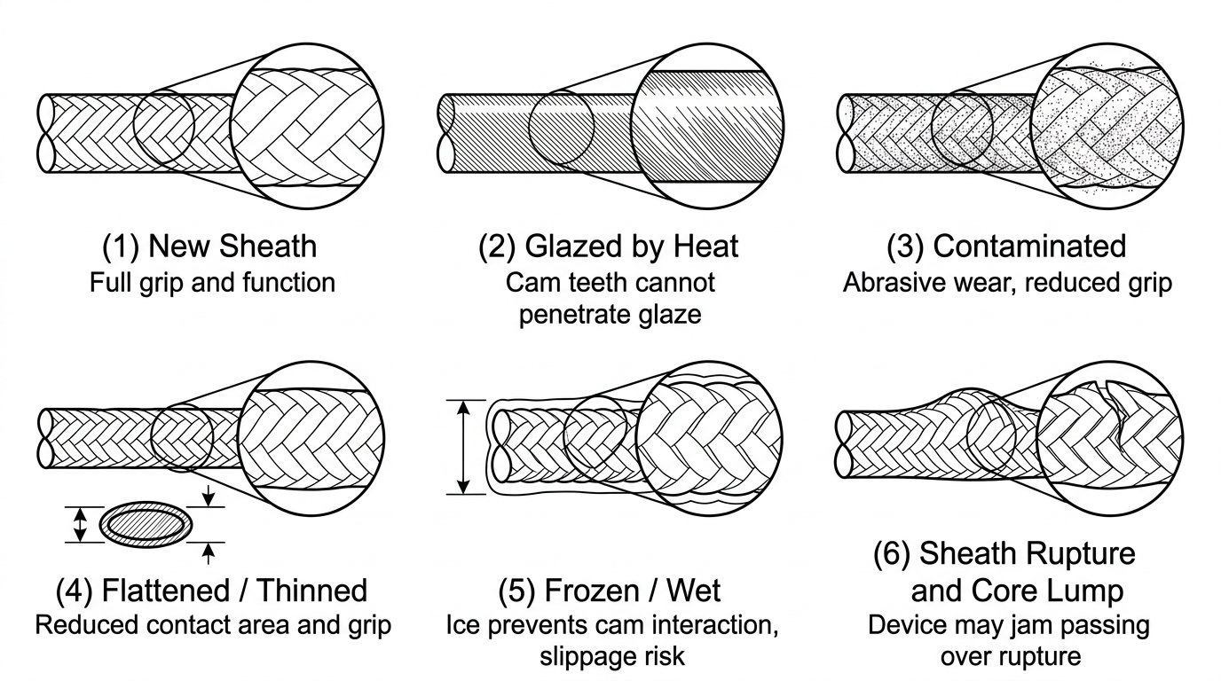 Six close-up diagrams of rope sheath conditions - new, glazed, contaminated, flattened, iced and ruptured - with their effect on rope grab performance