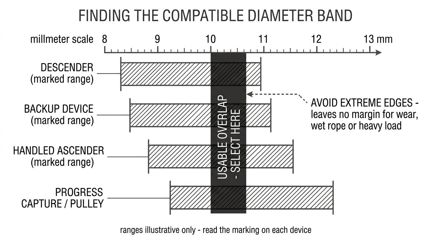 Bar chart showing the marked rope diameter ranges of a descender, backup device, ascender and pulley overlapping in a narrower usable band