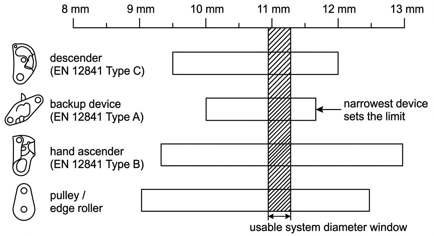 Diagram showing overlapping marked diameter ranges of descender, backup device, ascender and pulley, with the intersection marked as the usable rope diameter window
