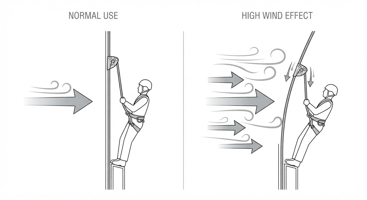 Rope grab behaviour in high winds