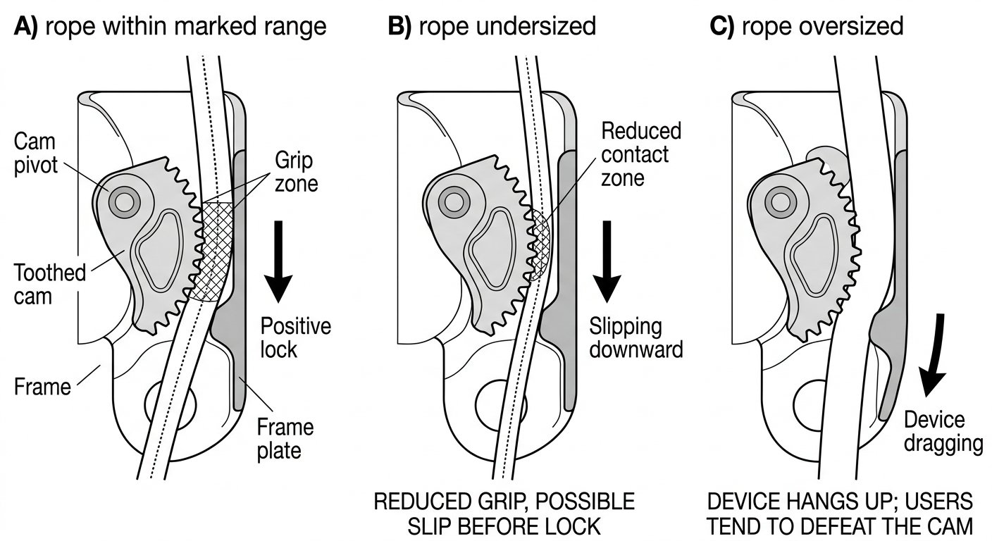 Cross-section comparison of a rope grab cam on correctly sized, undersized and oversized rope showing grip, slip and jamming