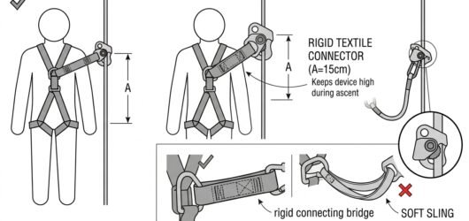 Diagram showing correct short direct rope grab connection versus incorrect chained connectors and added lanyard, with increasing fall distance