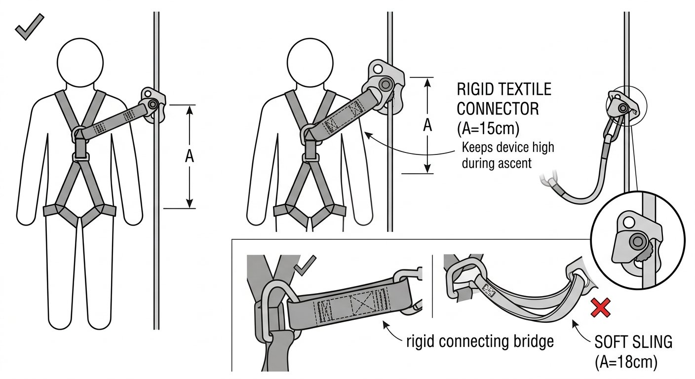 Diagram showing correct short direct rope grab connection versus incorrect chained connectors and added lanyard, with increasing fall distance