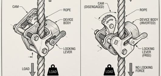Comparison showing a correctly oriented rope grab locking on the anchor line versus the same device fitted upside down, where it slides without engagi