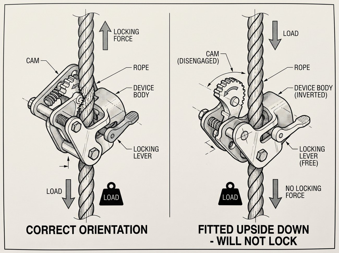 Comparison showing a correctly oriented rope grab locking on the anchor line versus the same device fitted upside down, where it slides without engaging, plus an inset comparing an undersized rope diameter loose in the device channel against the specified diameter.