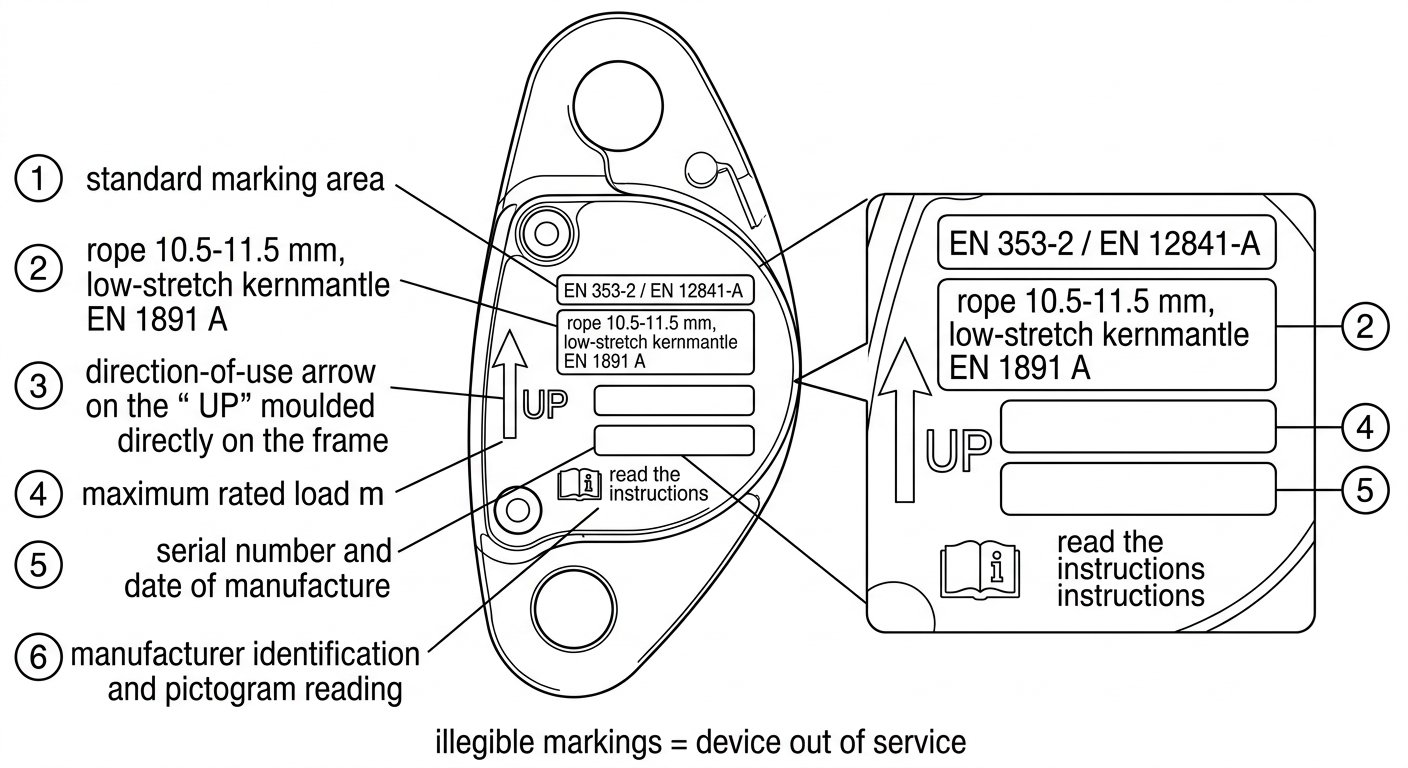 Labelled diagram of the markings on a rope grab side plate showing standard, rope diameter range, direction arrow, rated load and serial number