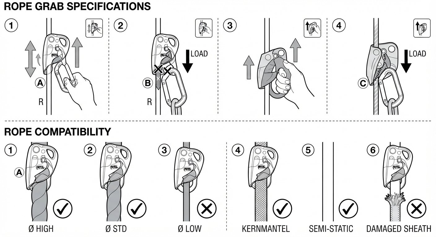 Rope grab specifications and rope compatibility