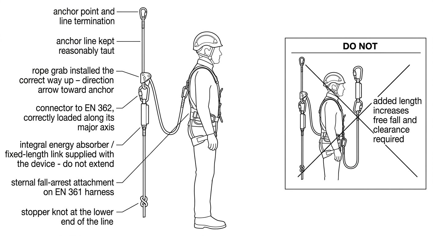 Diagram of a correctly assembled rope grab system on a vertical lifeline with harness attachment, connector, absorber and stopper knot, plus an incorrect extended-lanyard version