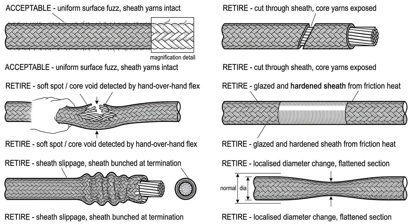 Six panel diagram comparing acceptable rope sheath fuzz with retirement defects: core exposure, core void, glazing, sheath slippage and localised diameter change.