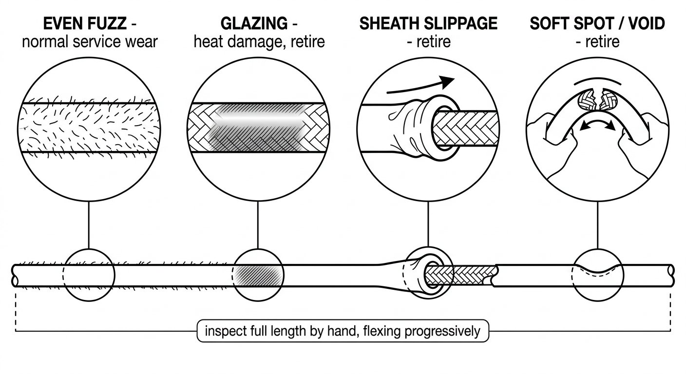 Rope inspection diagram with magnified details of even fuzz, glazing, sheath slippage and a soft spot found by flexing the rope by hand.