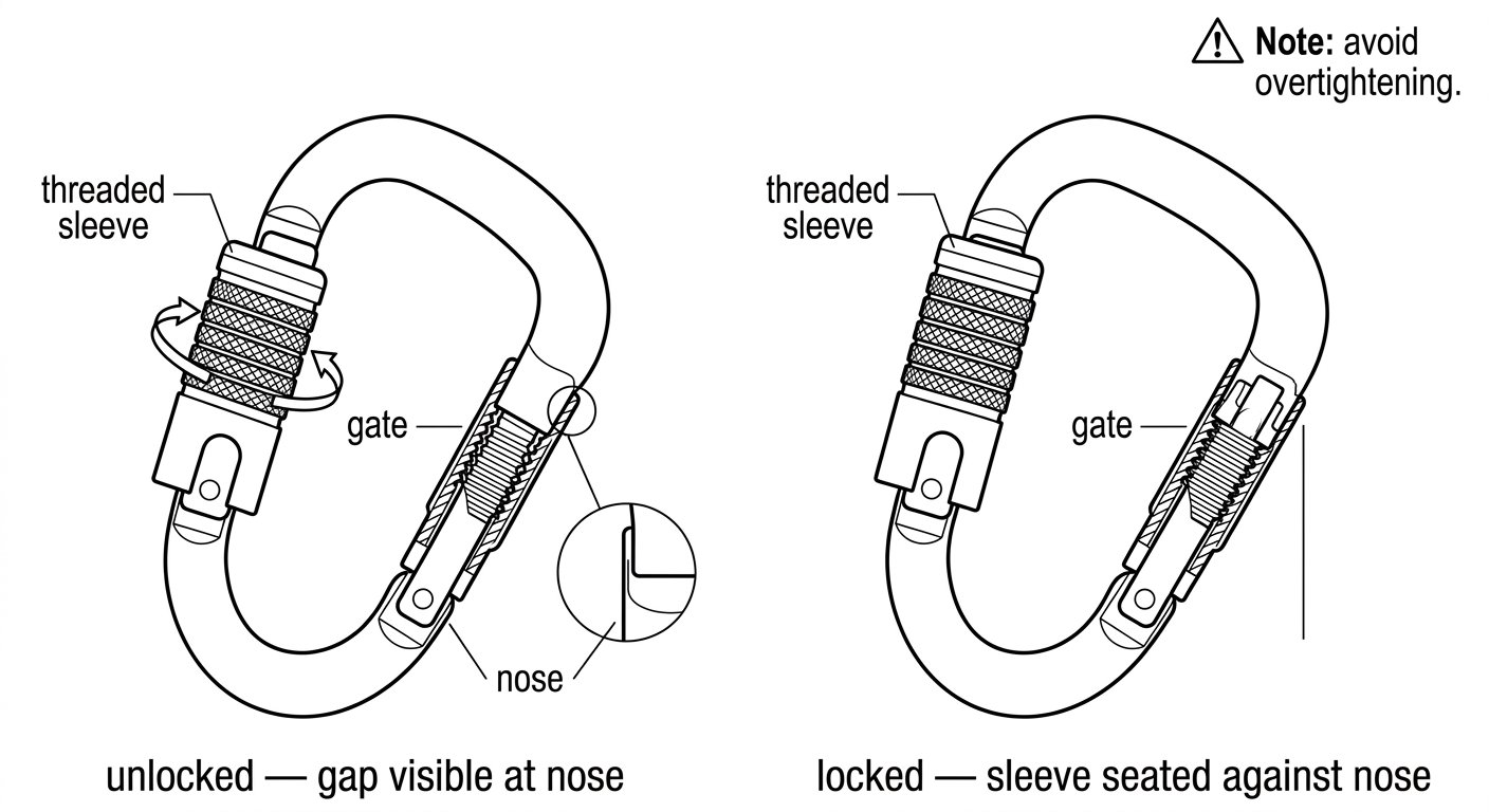 Line diagram of a manually threaded screw-lock connector showing the sleeve being wound down until it seats against the nose, with unlocked and locked states compared