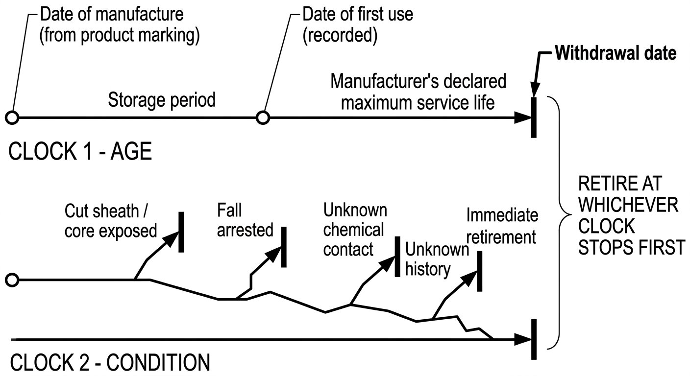 Diagram of two parallel timelines showing age-based service life from date of manufacture and condition-based retirement events, with retirement at whichever occurs first.