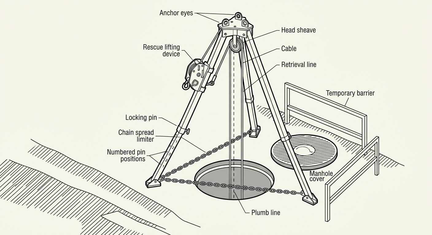 Technical line illustration of a confined space tripod set up over an open manhole with rescue device on a leg bracket, taut spread limiter and plumb line through the shaft centre