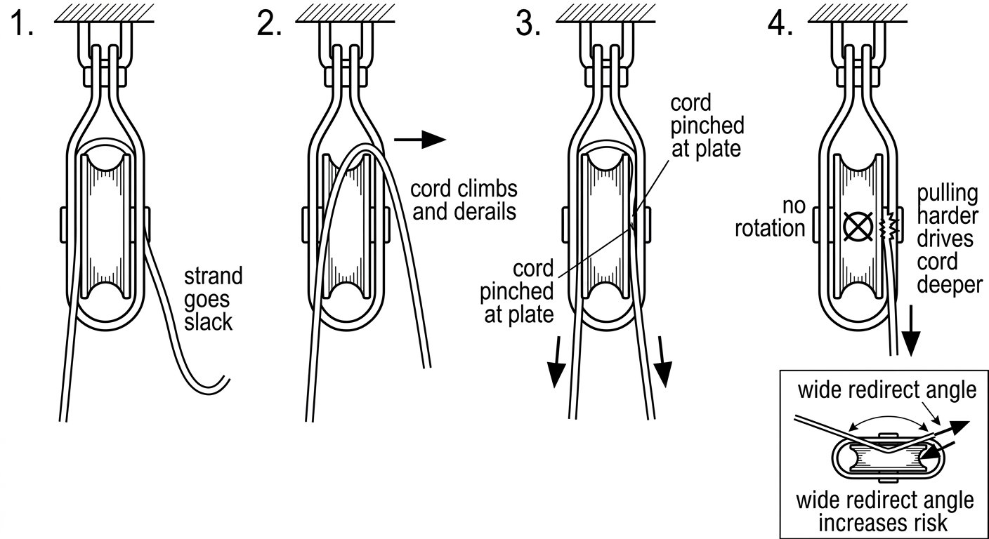 Four-step diagram showing small-diameter cord going slack, derailing over the sheave flange, jamming between sheave and side plate, and sustaining sheath damage