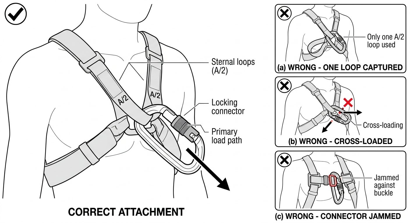 Close-up diagram of a locking connector at the sternal harness attachment showing both A/2 loops captured and major-axis loading, with cross-loading and single-loop errors
