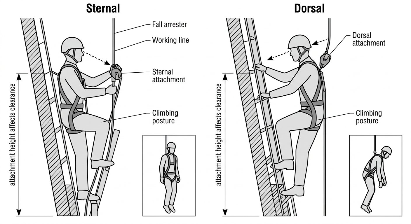 Side-by-side diagram comparing sternal and dorsal rope grab attachment, showing device visibility, rope routing and post-fall suspension posture