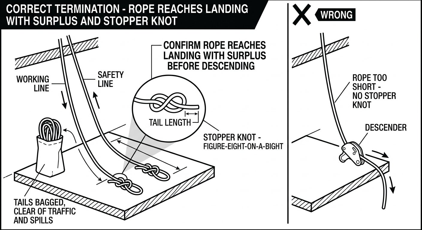 Diagram of rope ends at the landing showing figure-eight stopper knots, surplus rope bagged, and a crossed-out short rope with no stopper knot
